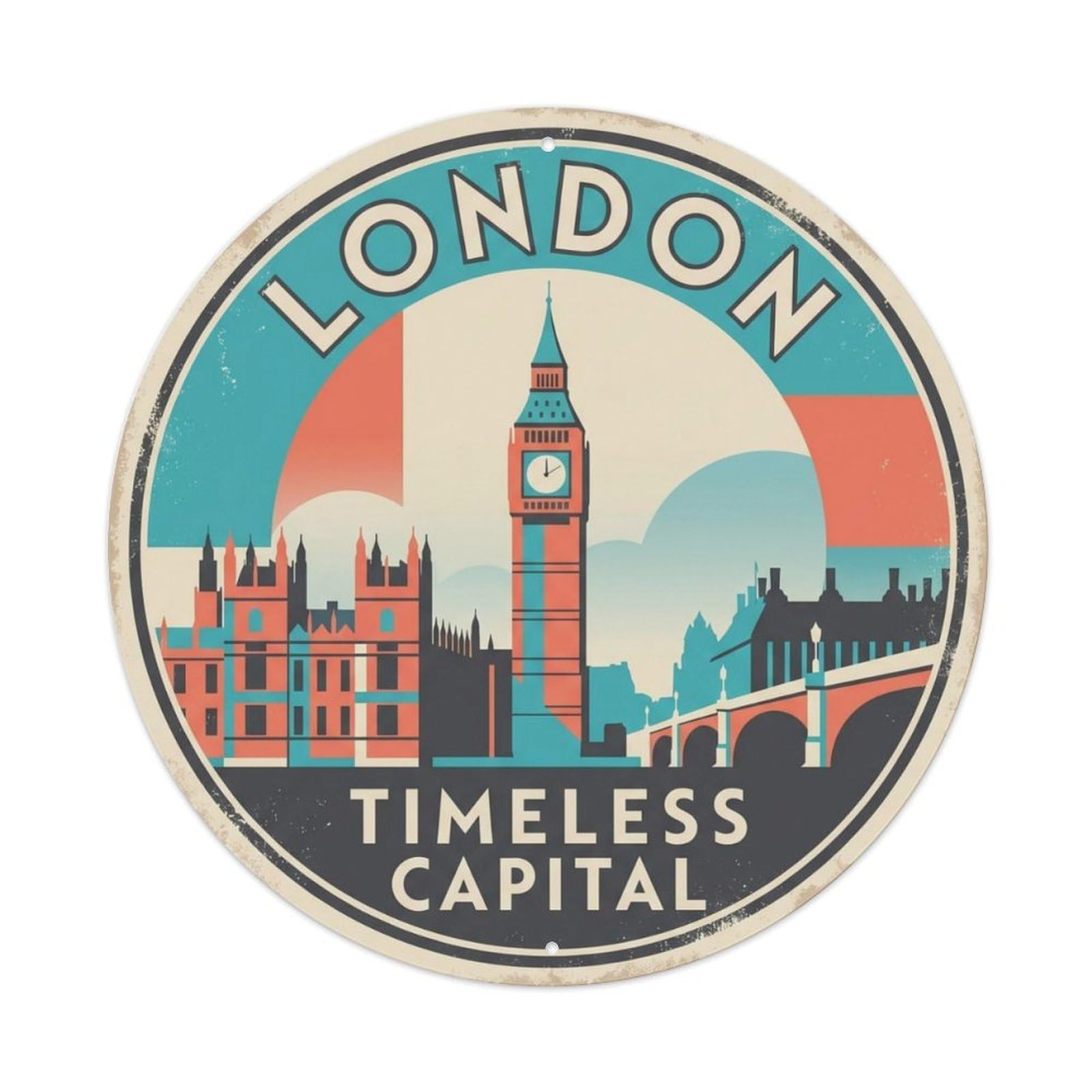 Vintage Travel London Clocktower Capital Metal Tin Sign Plaque Wall Decor for Cafe, Club, Garden Round Metal Poster 8x8Inch