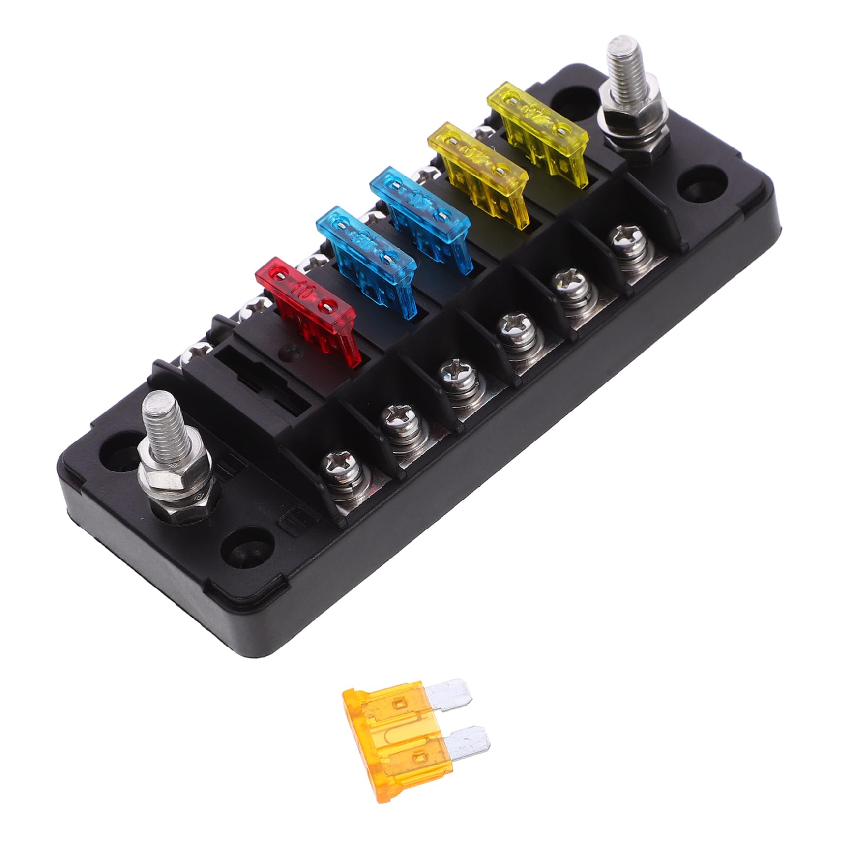 Boîte à Fusibles à 6 Voies 1 Set, Pa66 et Pc, Noir | 12-32 V, 75 A Entrée et 20 A par Circuit, Plaques Autocollantes Incluses