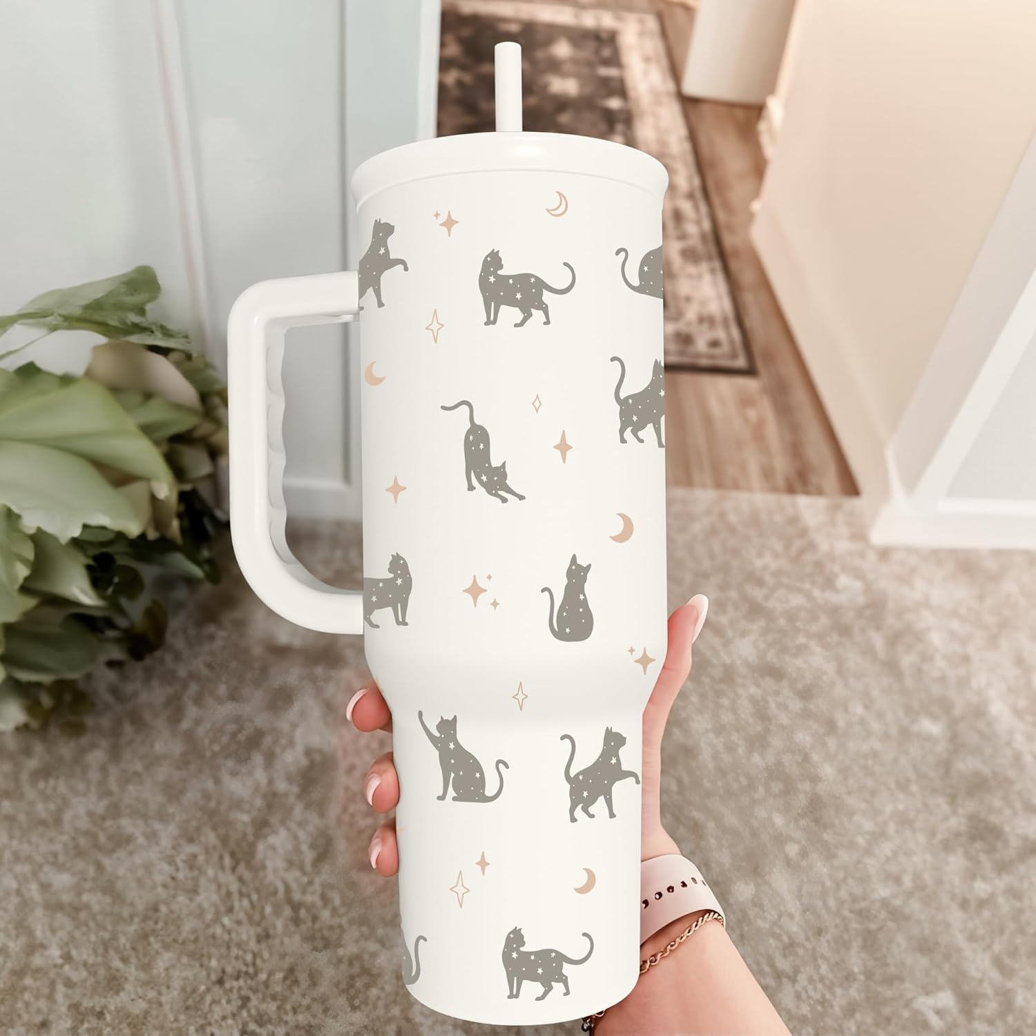 Regalo para los amantes de los gatos, gato mamá, vaso de acero inoxidable de 40 onzas con asa y pajita, taza de café de viaje para mujeres, regalo para cumpleaños, Navidad