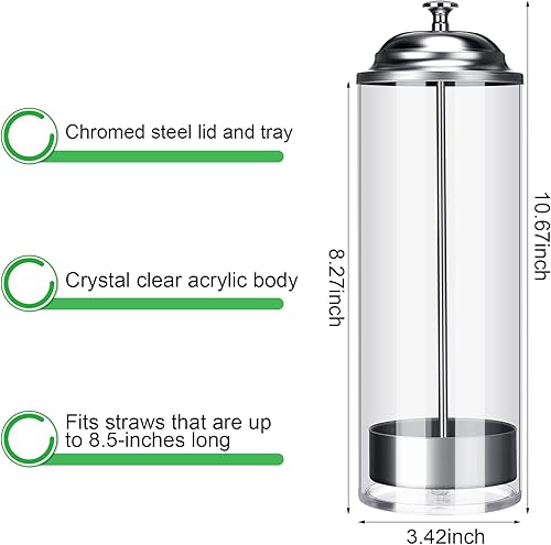 Miniatura 2 de Patelai 10.6 Inch Clear Plastic Straw Dispenser and 100 Pcs Drinking Straw Organizer Container with Stainless Steel Lid Transparent Drinking Neón