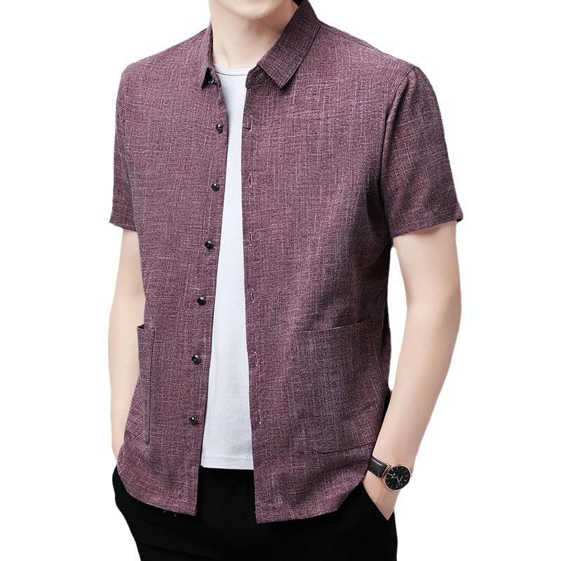 Chemise en coton et lin homme légère ample et décontractée multi-poches