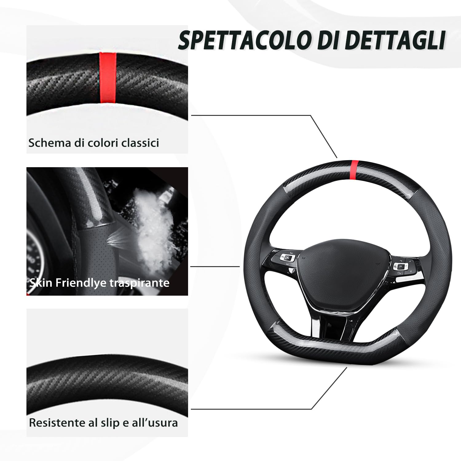 Ergocar Coprivolante per Auto Antiscivolo Protezione per Volante Auto D-Forma Fibra di Carbonio & Pelle PU Universale per Diametro 38 Cm (15 ") (Nero)