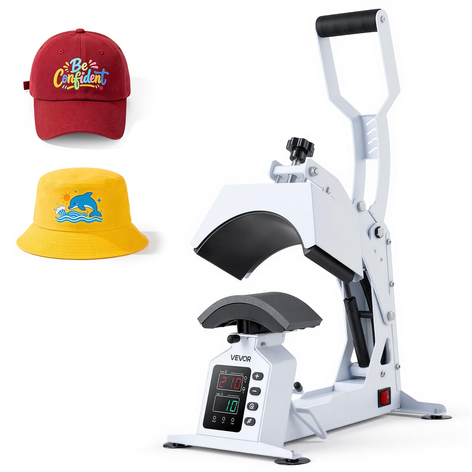 VEVOR Pressa a Caldo per Cappelli, Pressa per Trasferimento Termico di Cappelli 580 W Fai-da-Te Piastra Riscaldante 215 x 100 mm per Pressa Termica, Macchina per Pressatura Caldo Controllo LED