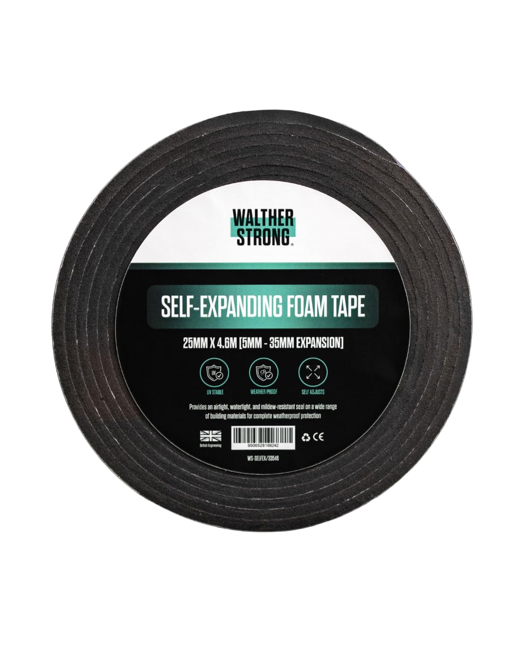 Walther Strong Self-Expanding Foam Tape | 5-35mm x 4.6m Weather Stripping Door Seal Strip | Draft Excluder for Windows & Doors | Soundproof Insulation Foam Tape