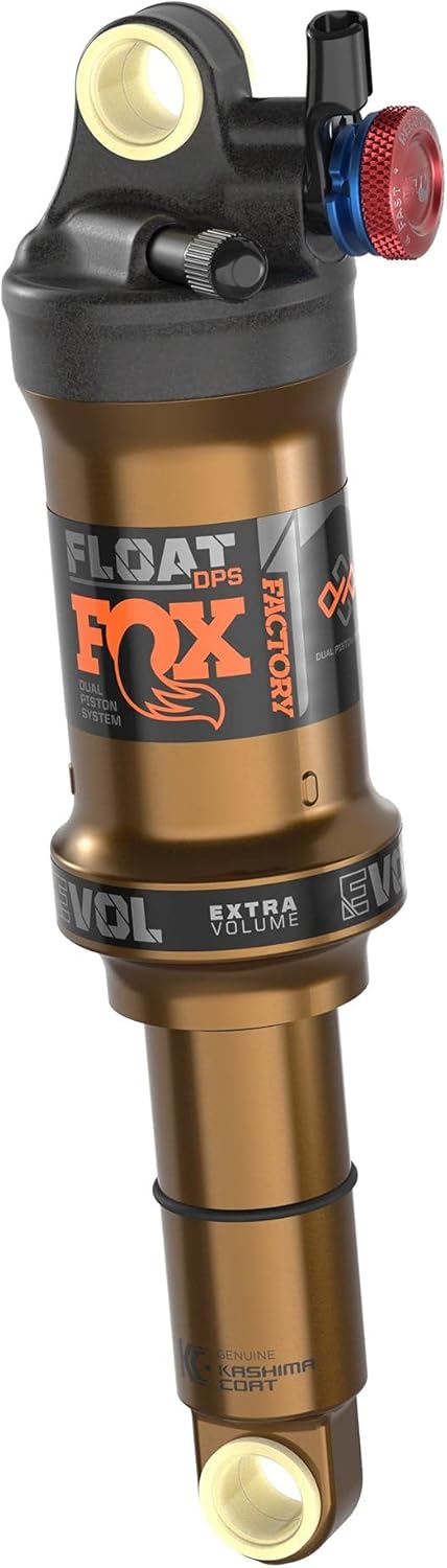 Angled view of the FOX FLOAT DPS FACTORY rear shock, showing the EVOL air sleeve and adjustment dials.