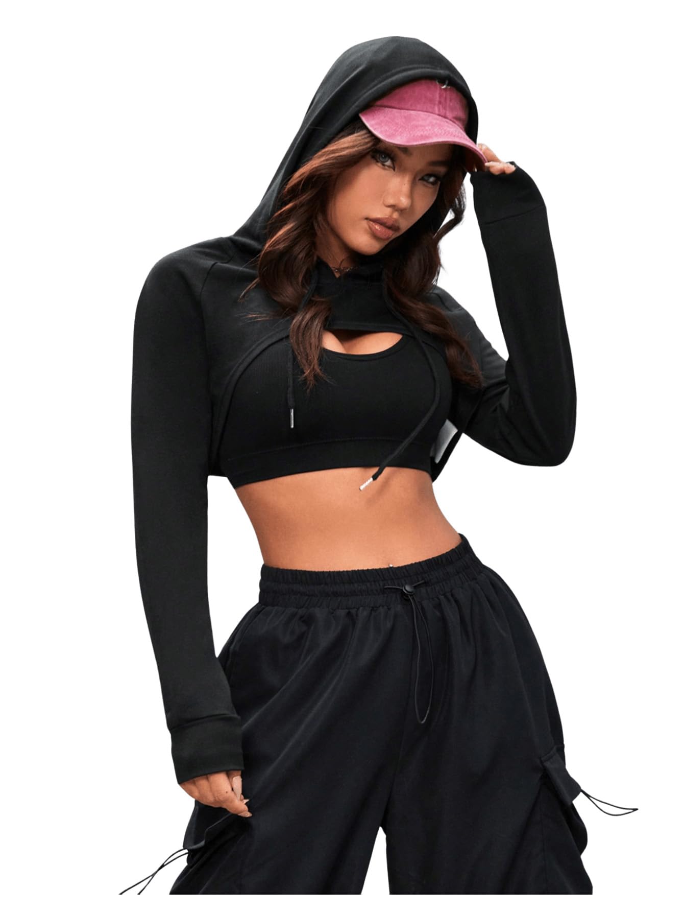 SweatyRocks Damska bluza z kapturem, bardzo krótka bluza z długim rękawem, okrągły kołnierz, wycięte koszulki, z kapturem