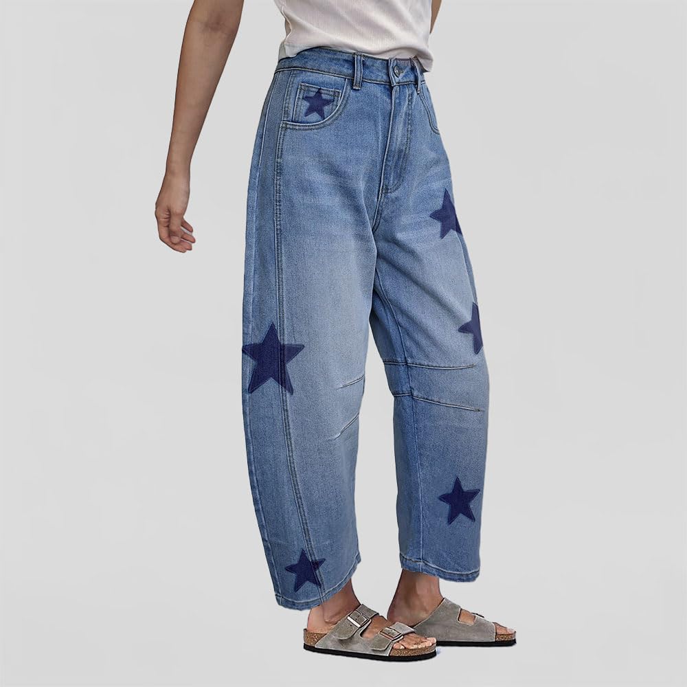 Jeans a barile da donna larghi con stampa a ferro di cavallo jeans a ferro di cavallo a vita media gamba larga ritagliati alla caviglia pantaloni in denim