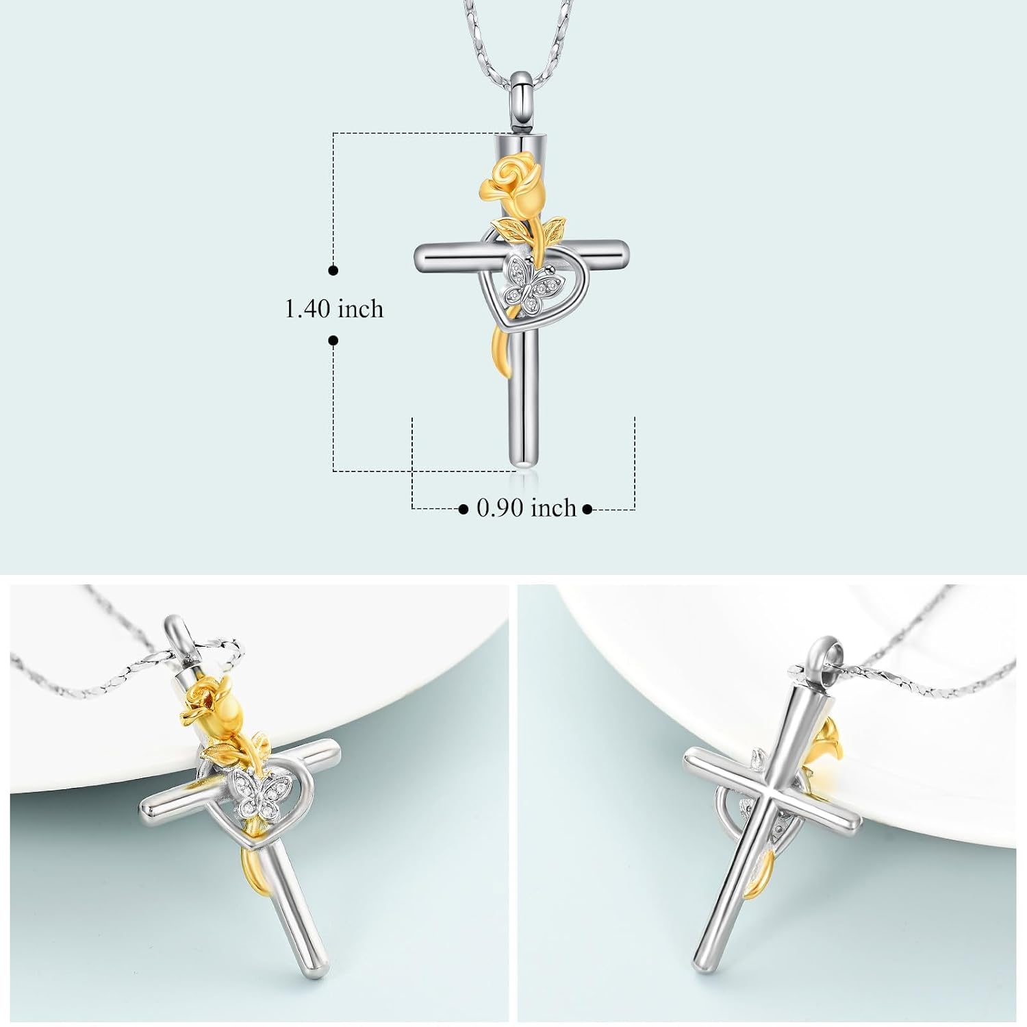 Cross Urn Necklace for Ashes Cross Rose Flower Cremation Jewelry for Women Gifts Stainless Steel Butterfly Keepsake Memorial Locket Ashes Pendant Cremation Jewelry