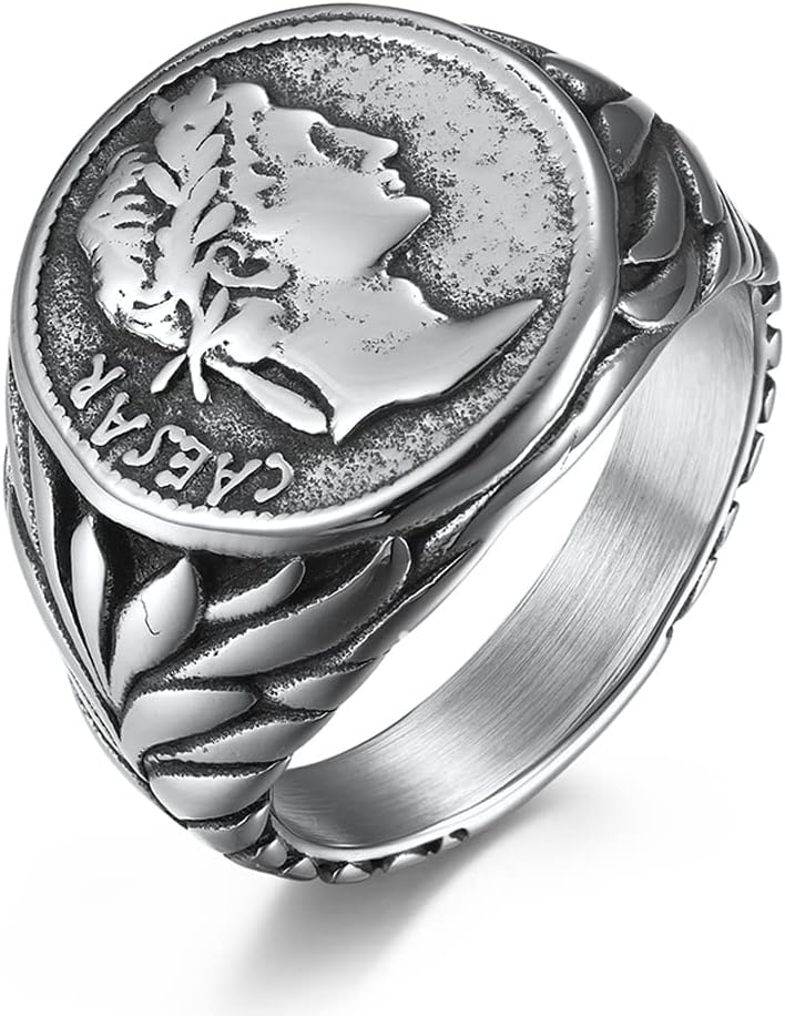 Stainless Steel Vintage Signet Rings for Men Women Roman Empire Caesar The Great Coin Statement Ring Band