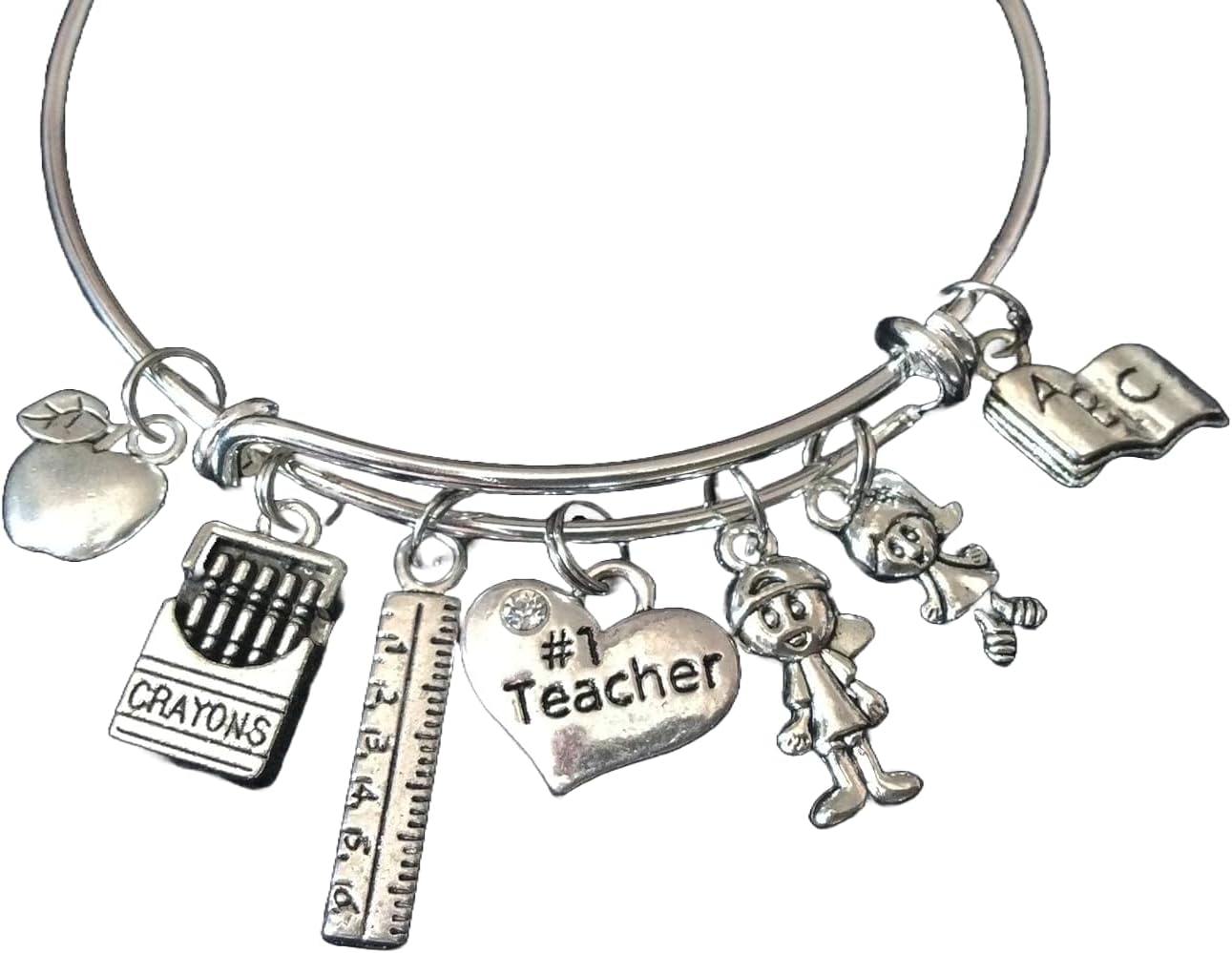 Teacher Gift Expandable Charm Bracelet Silver Adjustable Bangle Crayons Ruler Children Kids Apple School Teacher Appreciation Gift