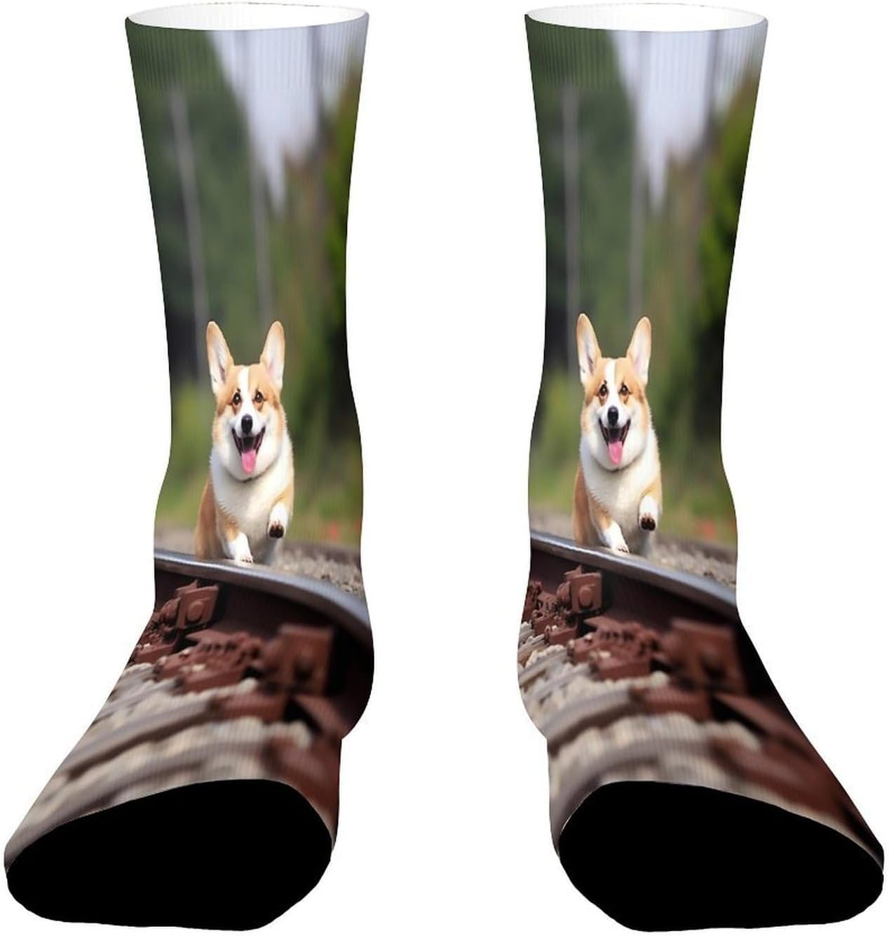 Corgi-dog Running on The Railroad Crew Socks Casual Sport Cushioned Socks