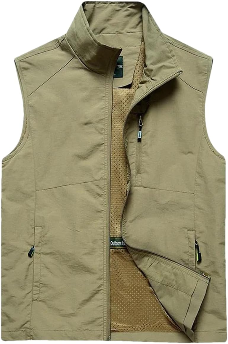 Pulcykp Men's Summer Mesh Vest Quick-Dry Nylon Zipper Pockets Hiking Cycling Fishing Waistcoat