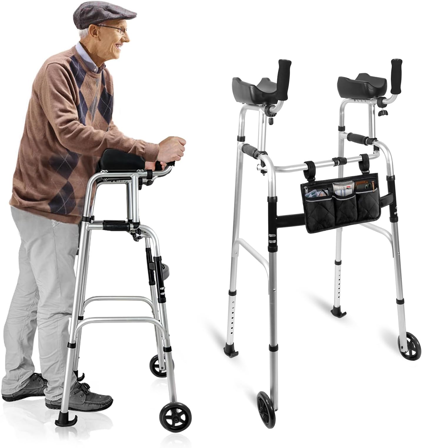 Stand Up Walker for Seniors & Elderly with 6" Bearing Wheels - Dual Mode Platform Walker, Height Adjustable Frame with Arm Support & Storage Bag, Foldable Lightweight Aluminum Upright Mobility Aid
