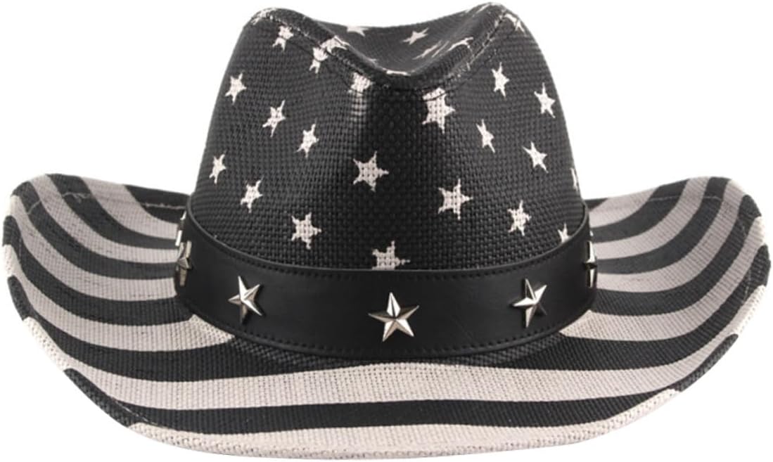 SOIMISS American Flag Western Cowboy Hat Black Striped Paper Straw Multi-Functional 4th of July Patriotic Hat for Men and Women