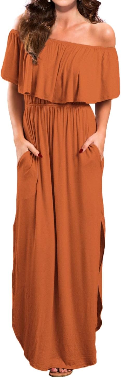 VERABENDI Women's Off Shoulder Summer Casual Long Ruffle Beach Maxi Dress with Pockets