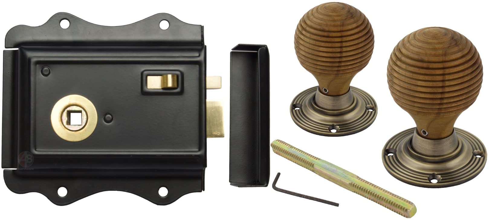 Ab Hardware Antique Brass + Rim Lock Old English Victorian Style Latch Lock Snib + Teak Beehive Rim Door Knob Set (Antique Brass + Rim Lock)