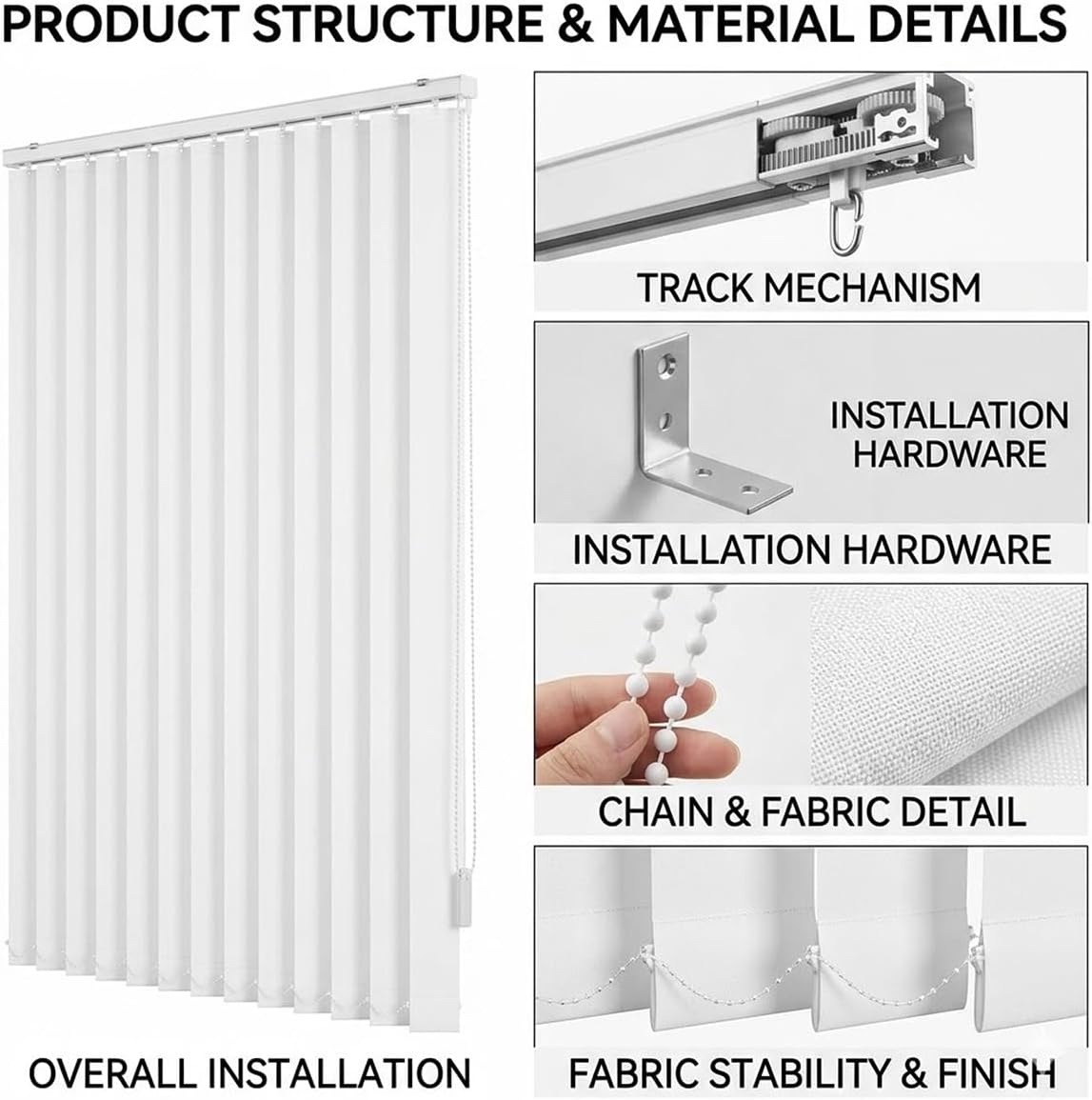 Cordless Vertical Window Blinds for Home, Sliding Door Blind & Shades, Privacy Window Shades, Fabric Vertical Blinds for Doors, Sliding Blinds, White(W31x H47in)