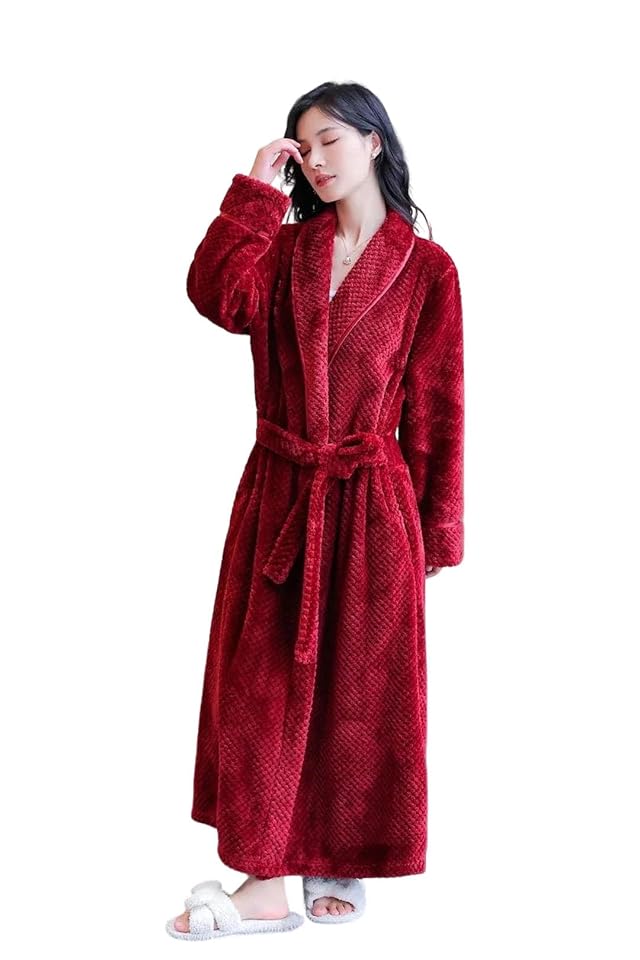 Men Women Thick Flannel Couple Pajamas Nightgown Bath Robe Kimono Bathrobe Fleece Sleepwear Warm Robes Belts Red-Women-L Red-Women-L