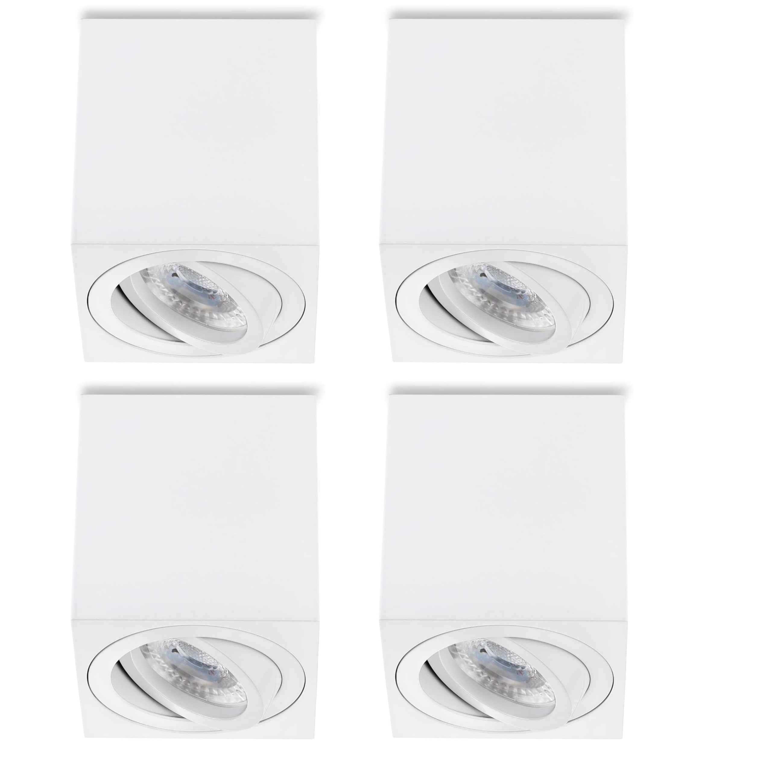 Sweet Led Aufbaustrahler aus Aluminium - 4x Deckenspots 7W 3000K warmweiß - LED Aufbauspot weiß matt Eckig - Aufbauspot GU10 80x80x84 mm - Aufputz 230V schwenkbar