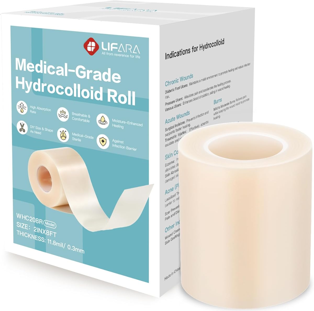 LIFARA Hydrocolloid Roll for Wound Care - Cut-to-Size, Hydrocolloid Patch Bandages with Self-Adhesive, Ultra Absorbent & Waterproof, First Aid Kit Essential (11.8mil/ 0.3mm Thickness, 2in*8ft)