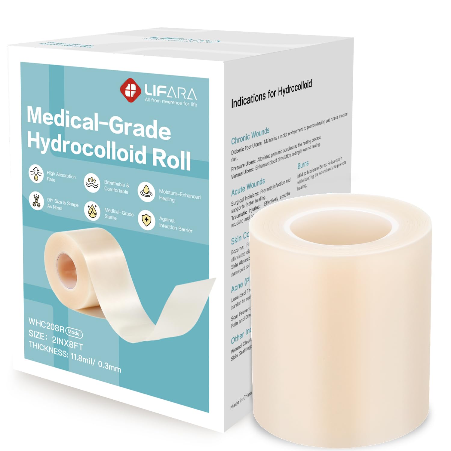 LIFARA Hydrocolloid Roll for Wound Care - Cut-to-Size, Hydrocolloid Patch Bandages with Self-Adhesive, Ultra Absorbent &amp; Waterproof, First Aid Kit Essential (11.8mil/ 0.3mm Thickness, 2in*8ft)