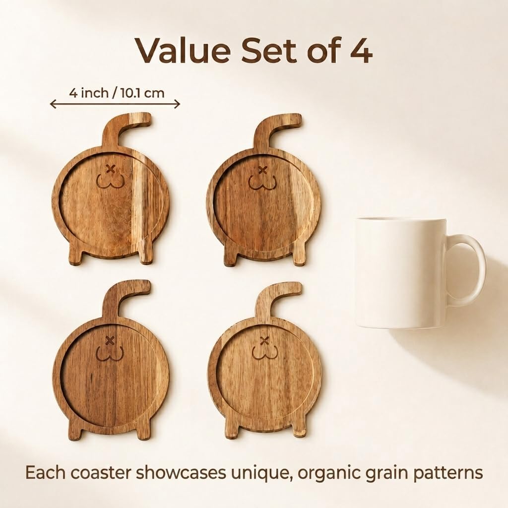 Funny Cat Butt Wood Coasters - Set of 4 Animal Shaped Wooden Drink Coasters, Unique Gag Gifts for Women, Cat Lovers for Home Office Bar Decor image 4