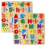 Wooden Puzzles for Toddlers, 2 Pack Chunky Wooden Peg Board Alphabet Puzzles with Colorful Fruit Animal Pattern, Educational Learning Toy for Kids Age 3 Years and Up