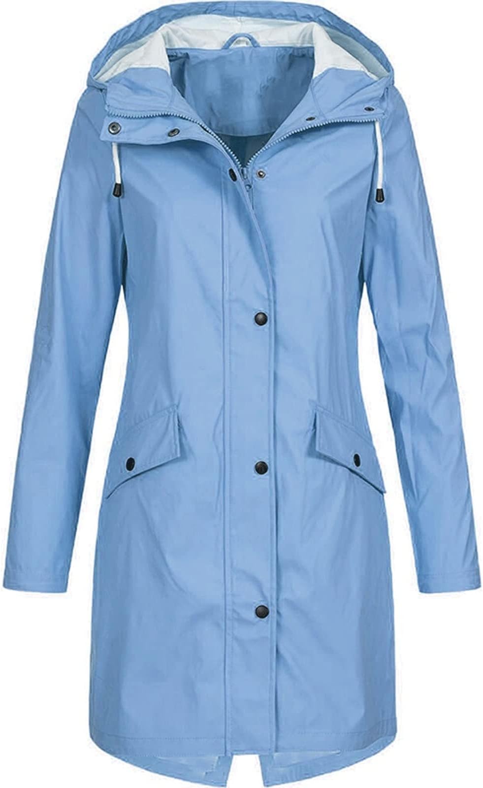 TRIONN Plus Size Blazer, Women Solid Rain Jacket Outdoor Hiking Hoodie Long Coat Waterproof Windproof Warm Outwear Plus Size (Color : Blue, Size : ESTADOS UNIDOS_XXL)
