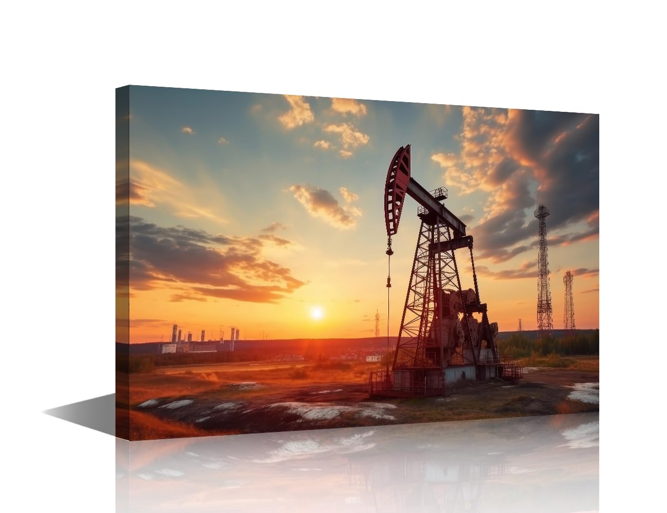 1 Panel Wall Art Oil Pump and Rig on Sunset and Fossil Resources Eco-Friendly Pictures Wall Art Print on Canvas for Home Office Wall Decoration Gallery-Wrapped Ready to Hang 18x12 in