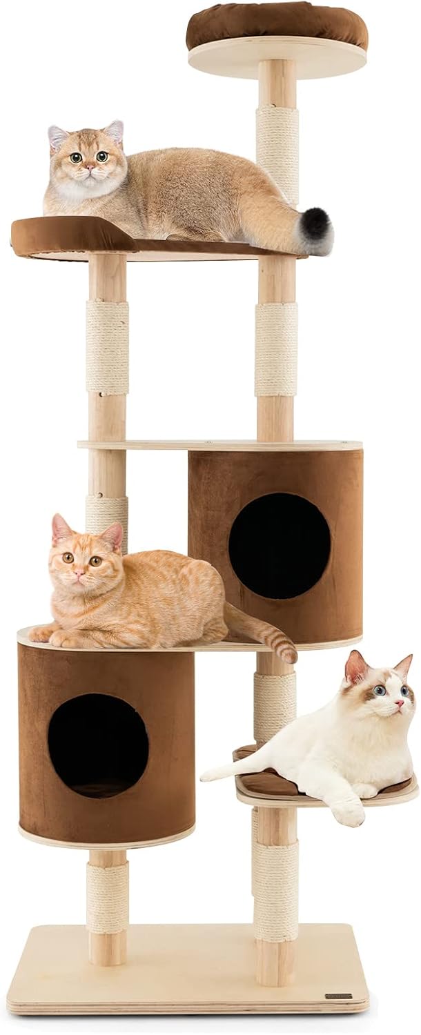 Tangkula 75 Inch Tall Cat Tree for Indoor Cats, Natural Solid Rubber Wood Cat Tower with Sisal Scratching Posts, Top Perch, Detachable Cat Condo, 6-Layer Modern Cat Trees and Towers for Large Cats