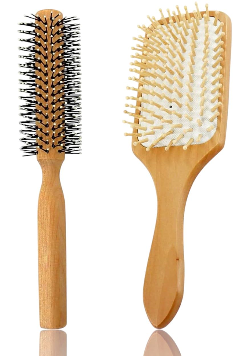 MOMENT 2Pcs Wet Hair Brush Bamboo Detangling Brush Natural Wooden Paddle Organic Brush for Women Men Kids Scalp Massage Anti-Static, Reducing Hair Breakage Adding Shine