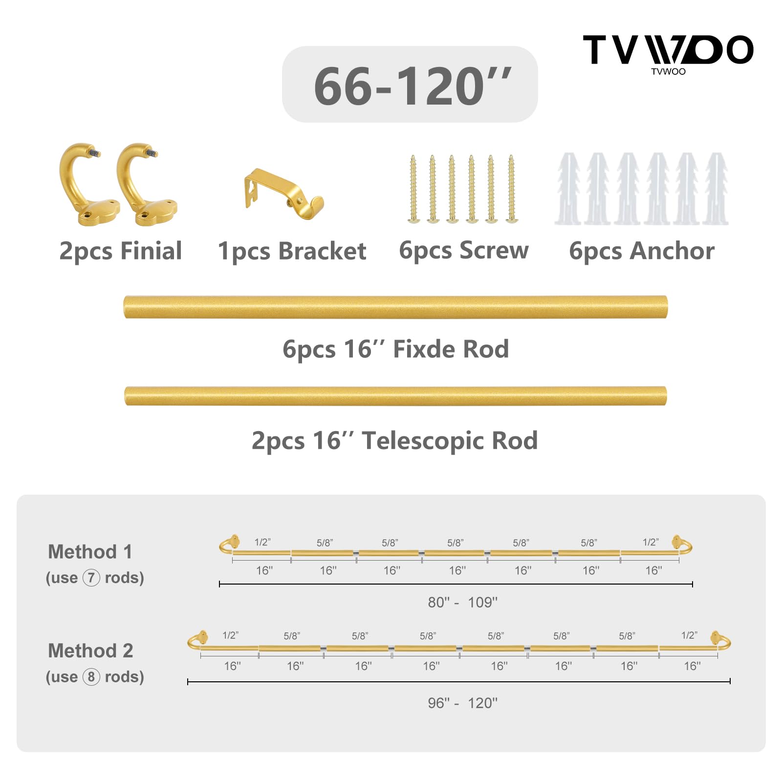 TVWOO Tringles à rideaux enveloppantes occultantes et ajustables de 1,6 cm de diamètre pour obscurcissement de chambre, cuisine, appartement, faciles à installer, 167,6 à 304,8 cm, laiton doré