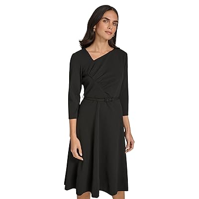 Calvin Klein Scuba Crepe Asym Rouched Neck Midi With Belt Women