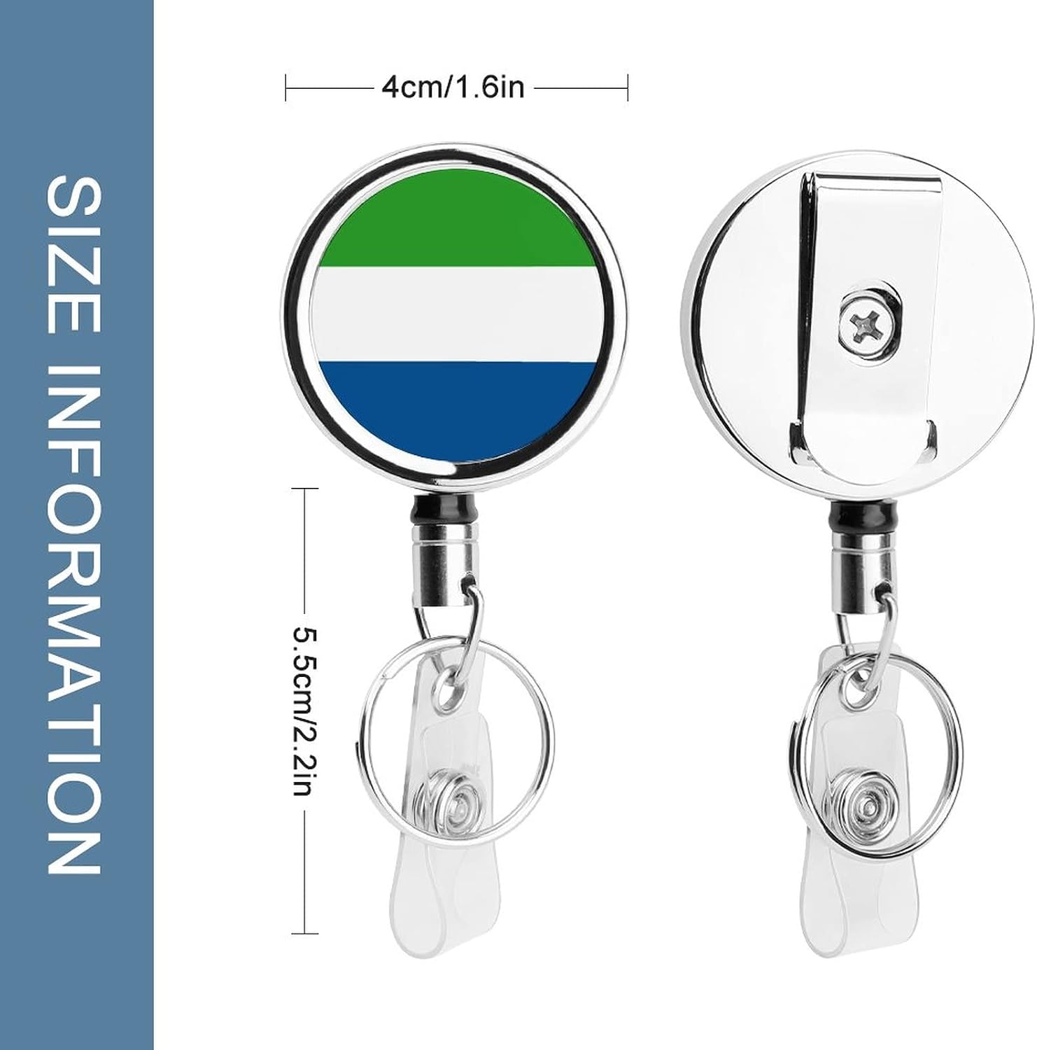 Sierra Leone Flag Retractable Keychain, 24.4in Retraction, Heavy Duty Badge Reel, Metal Badge Clip with Steel Cable, Key Ring and Badge Buckle