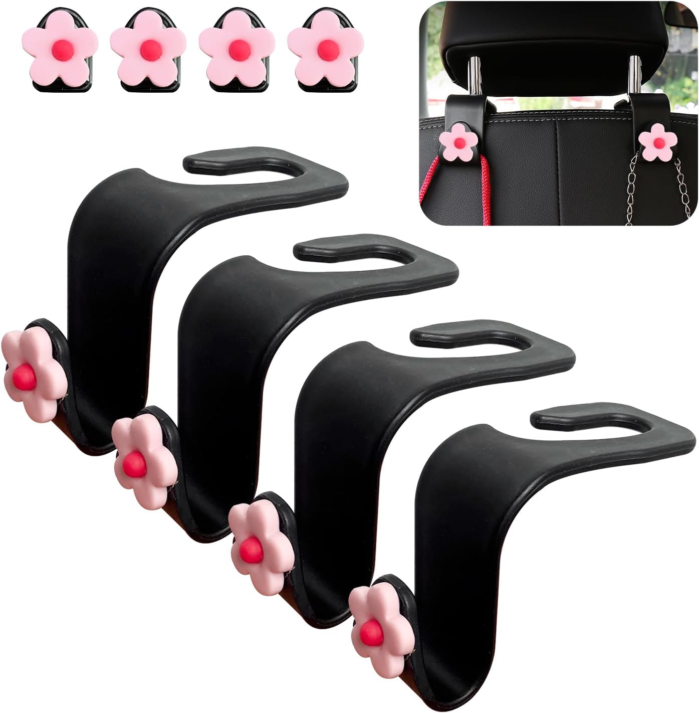 Augeny 8 PCS Car Seat Headrest Hook, Auto Seat Hook Hanger Storage Organizer, Adhesive Hooks for Purse Coat Umbrella Grocery Bag, Universal Interior Accessories for All Vehicles (Pink)