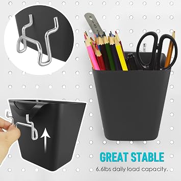 Large Pegboard Cups, 6Pack Peg Board Square Storage Bins With Hooks (Black)