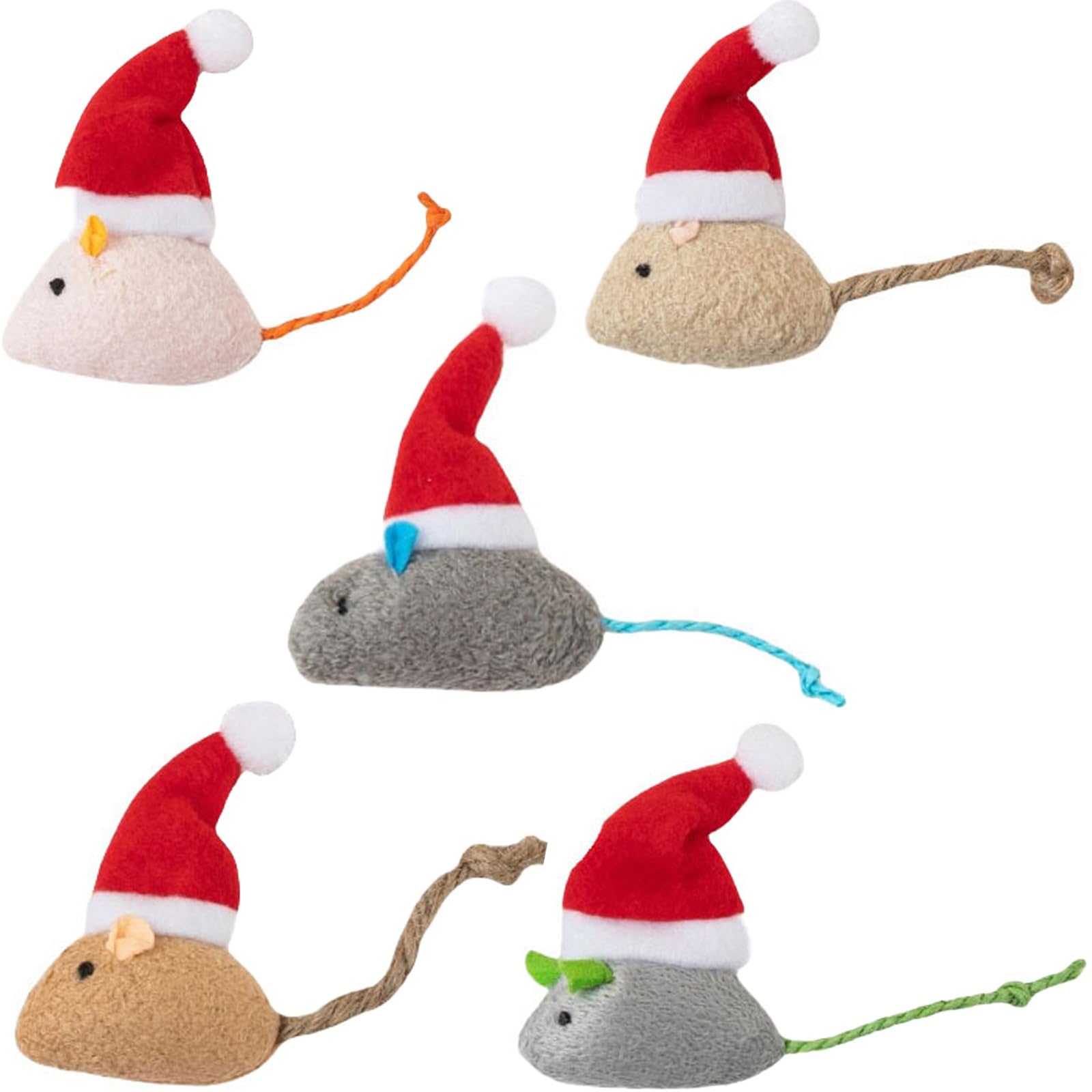 Playful Paws 5 Pcs Little Mice Cat Christmas Toys Mini Stuffed Chew Toy with Christmas Hat and Catnip 3.9 in Model for Cats Playing