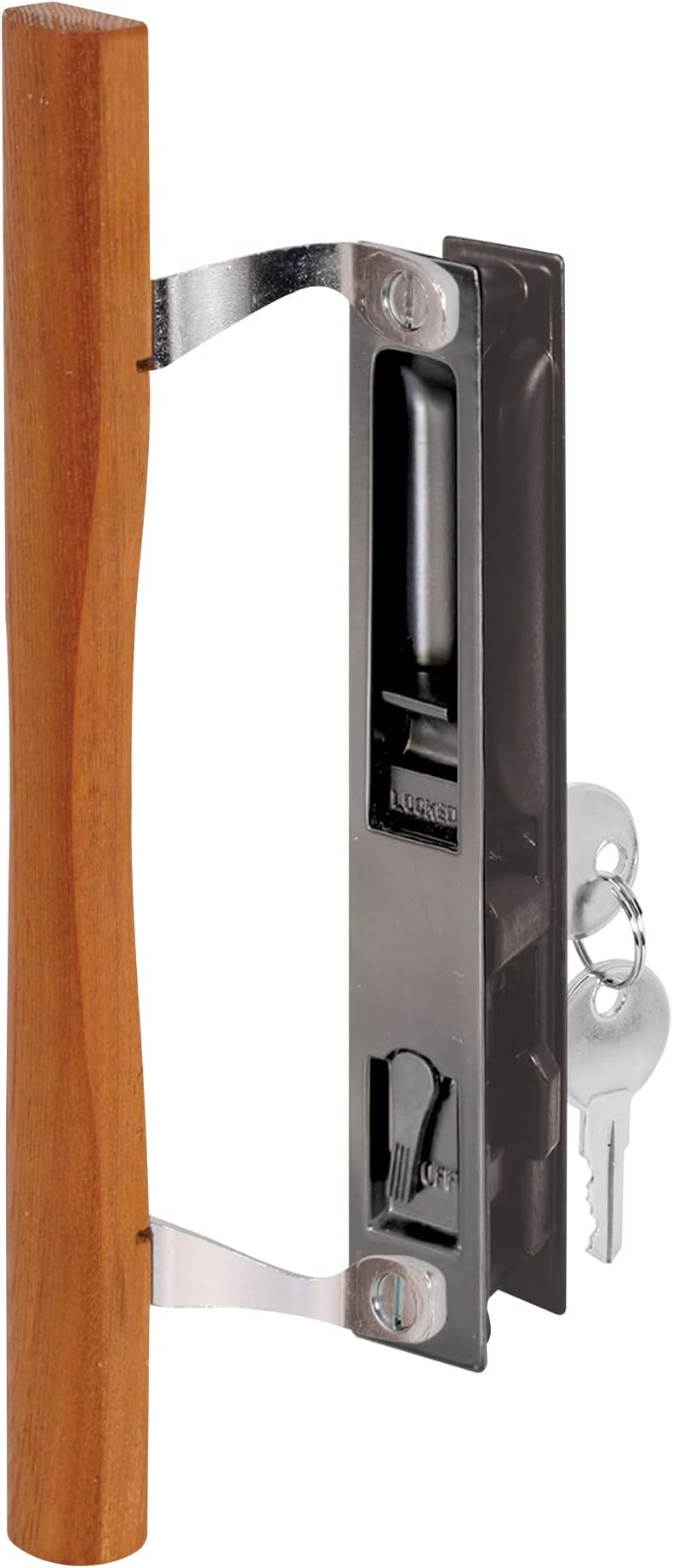 Prime-Line C 1032 Keyed Sliding Glass Door Handle Set – Replace Old or Damaged Door Handles Quickly –Wood and Black Painted Diecast, Hook Style, Flush Mount, Fits 6-5/8 in. Hole Spacing (1 Set)