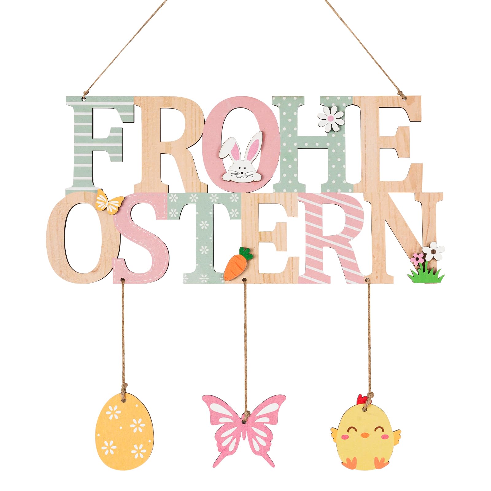 Türschild Frohe Ostern, Türschild Willkommen Ostern Deko, Holz Dekoschild für Ostern, Osterdeko mit Osterhase Ostereier, Holzschild Ostern zum Aufhängen für Haustür