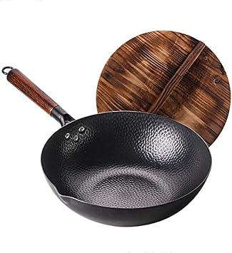 Wooden Handle, Hand Hammered Carbon Steel Wok pan with Wooden Handle, fits All stoves-Pot Diameter34 cm Wok,Pot Diameter32 cm