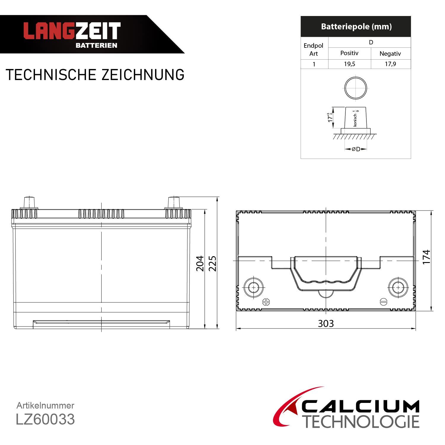 LANGZEIT ASIA Autobatterie 100Ah 12V Batterie Plus-Pol Links ersetzt 90Ah