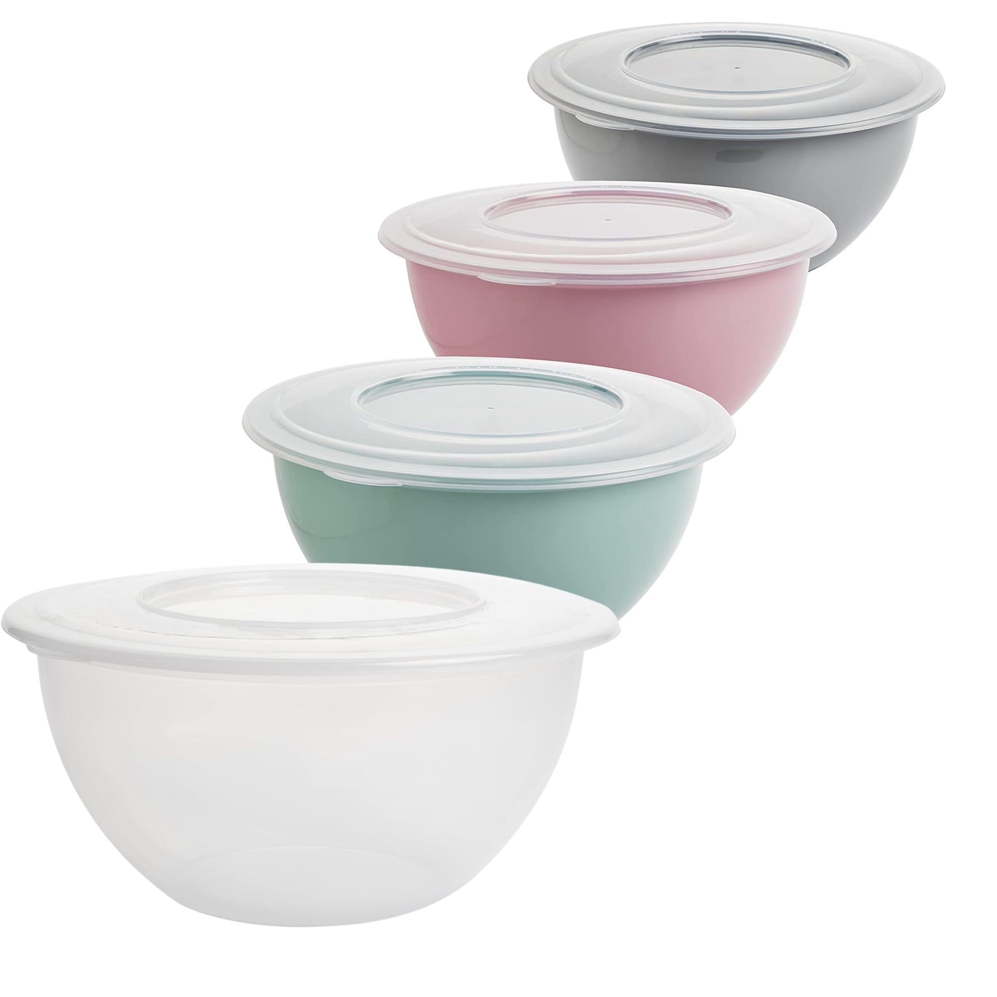 Schüssel mit Deckel 5l 4er Set, Salatschüssel mit Deckel, Rührschüssel, Salatschüssel Groß Kunststoff BPA-frei, hell grau, pastell rosa, grün und transparent, Transparent Deckel, Ø 28 cm, Made in EU Küche