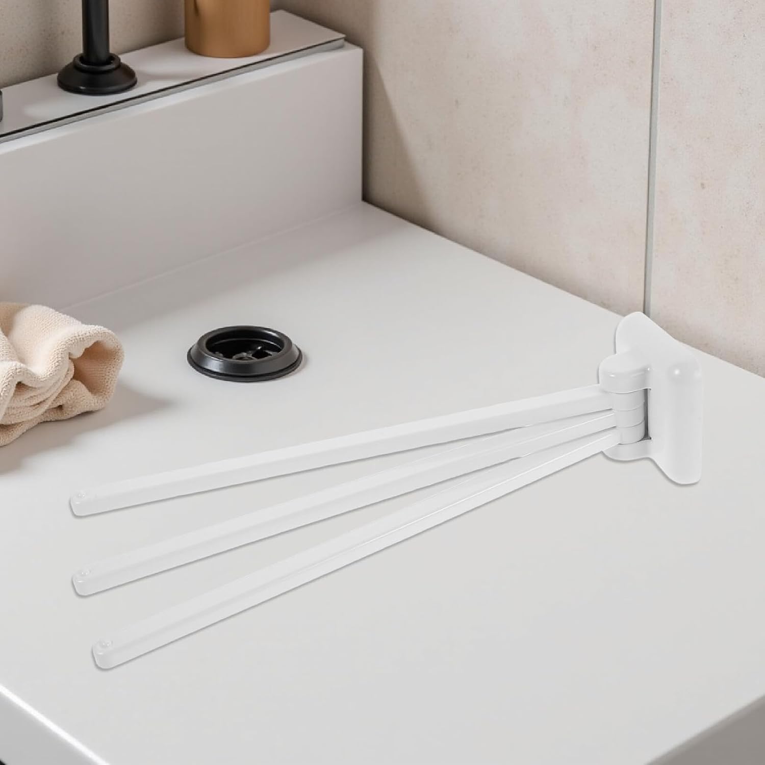 Uonlytech Swivel Towel Rack with 3 Swing Arms Space Saving Wall Mounted Bathroom and Kitchen Towel Holder White No-Drill Dish Rag