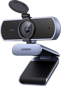 UGREEN 2K/30fps Webcam for PC, Automatic Light Correction, Webcam with Dual Microphones, Privacy Cover, Plug & Play, PC Camera for Mac, Laptop, Zoom, Skype, Streaming, Video Conferences, Grey