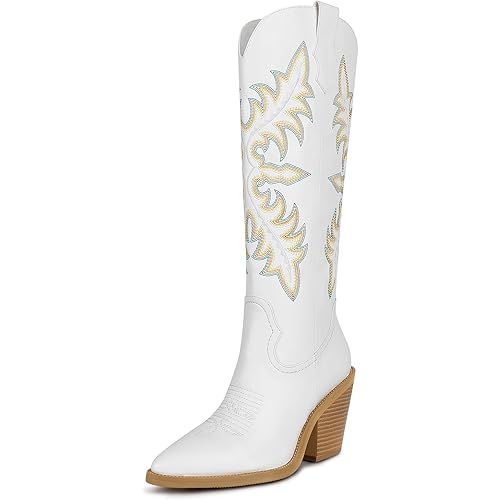 ISNOM Cowgirl Boots for Women Embroidered Western Boots with Pointed Toe Side Zipper Chunky Block Heel Cowboy Boots