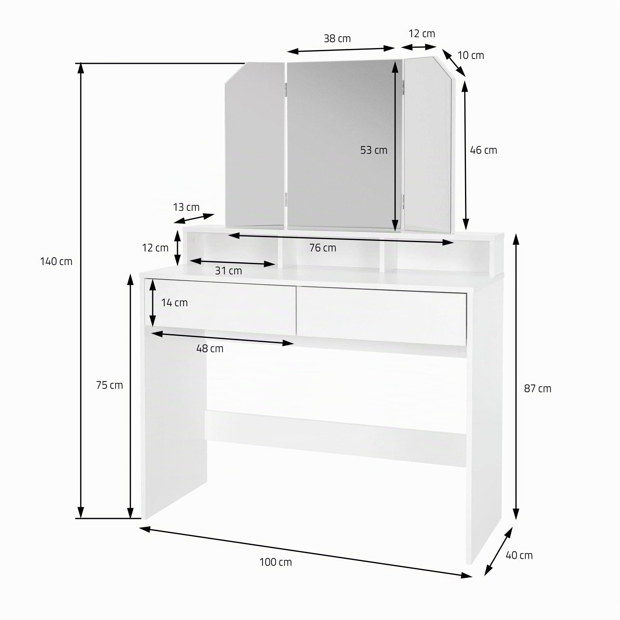 ML-Design Schminktisch, Frisiertisch mit 3-tlg. Klappspiegel und 2 Schubladen, 100 x 40 x 140 cm, Weiß, modern, Kosmetiktisch mit 3 offenen Fächern, Frisierkommode Schminkkommode Kommode Make-Up Tisch