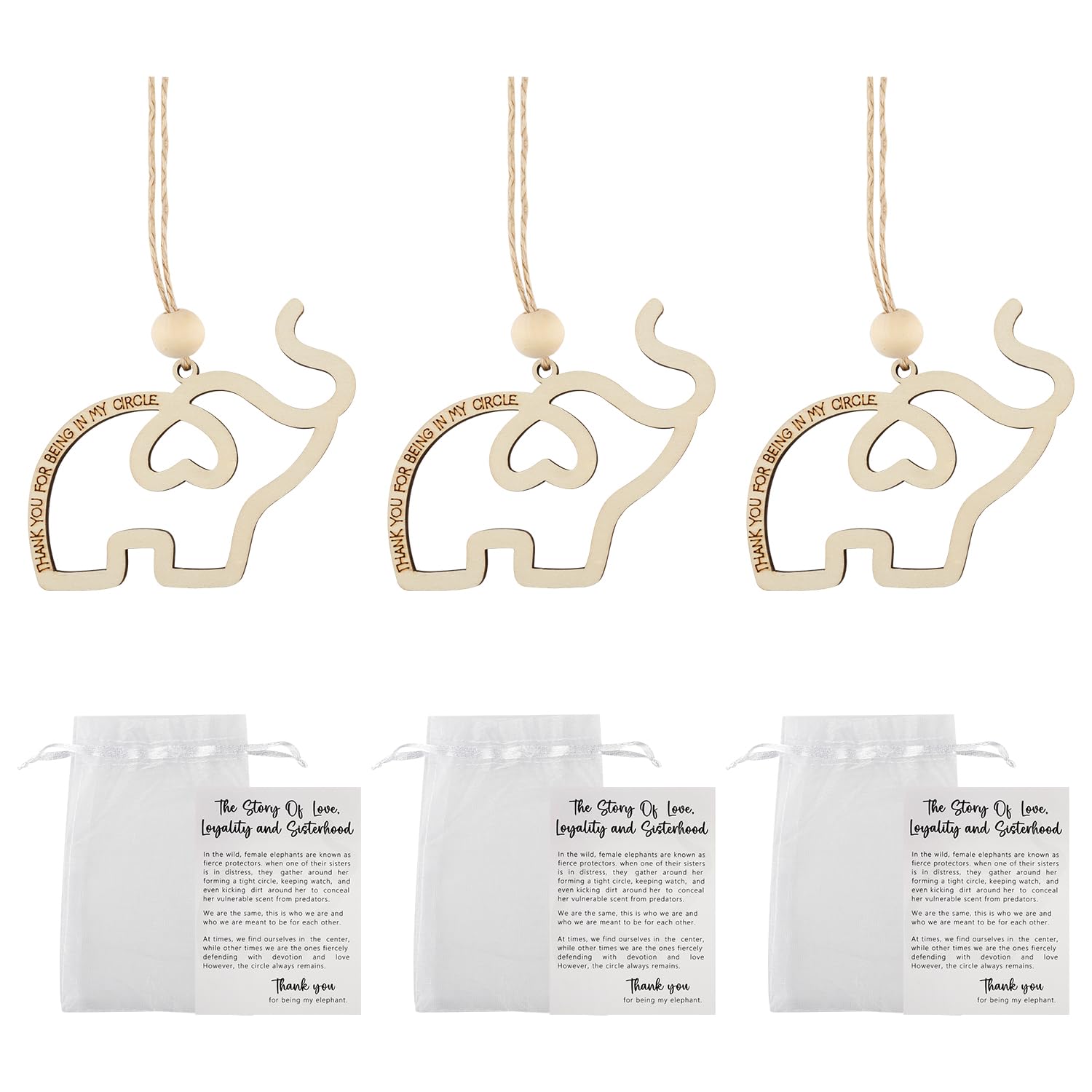Bojueshaw 3PCS Elephant Wooden Decoration - Gift of Love and Loyalty, Sisterhood and Friendship Animal Hanging Ornament, Eco-Friendly Wooden Material for Friendship's Gift and Home Decor