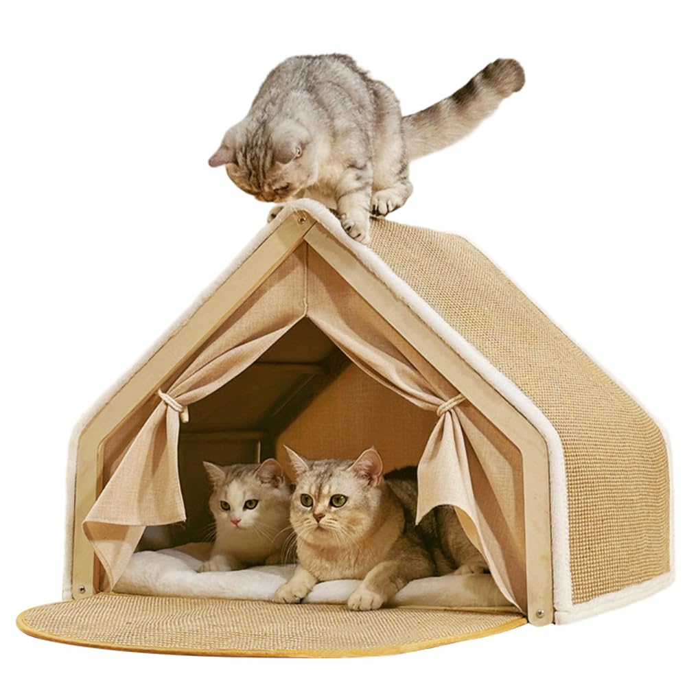 Casa para gatos, tienda de campaña para gatos, de sisal, 2 en 1, de madera, para interiores, casa para gatos con tabla rascadora para gatos de interior, cálido refugio para gatos