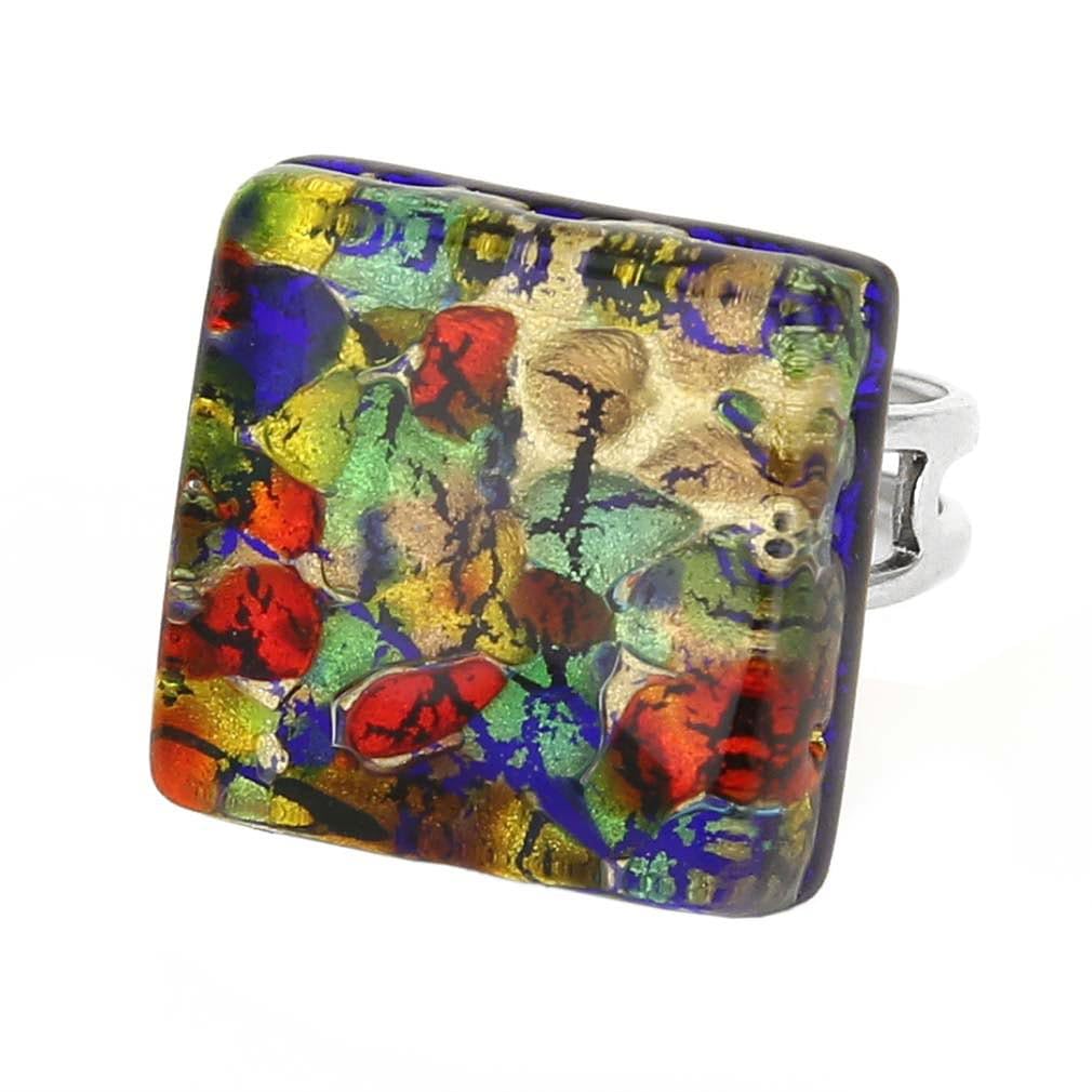 Glass Of Venice Murano-Glasring 3/4 Zoll – quadratischer, größenverstellbarer Ring in Gold, Rot und Grün, gefüttert mit Blattgold. Geblasenes Glas – Ringe aus Muranoglas für Damen, handgefertigt in It