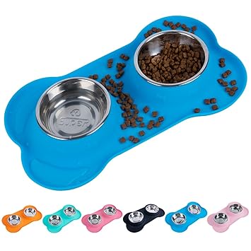 Super Design Double Bowl Pet Feeder Stainless Steel Food Water Bowls With No Spill Silicone Mat For Dogs Cats Small Blue